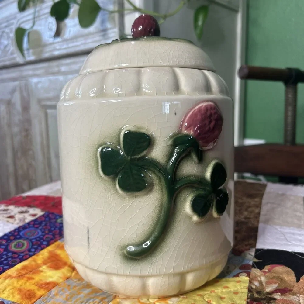 Vintage Brush McCoy Three Leaf Clover Canister 9” With Lid /Cookie Jar